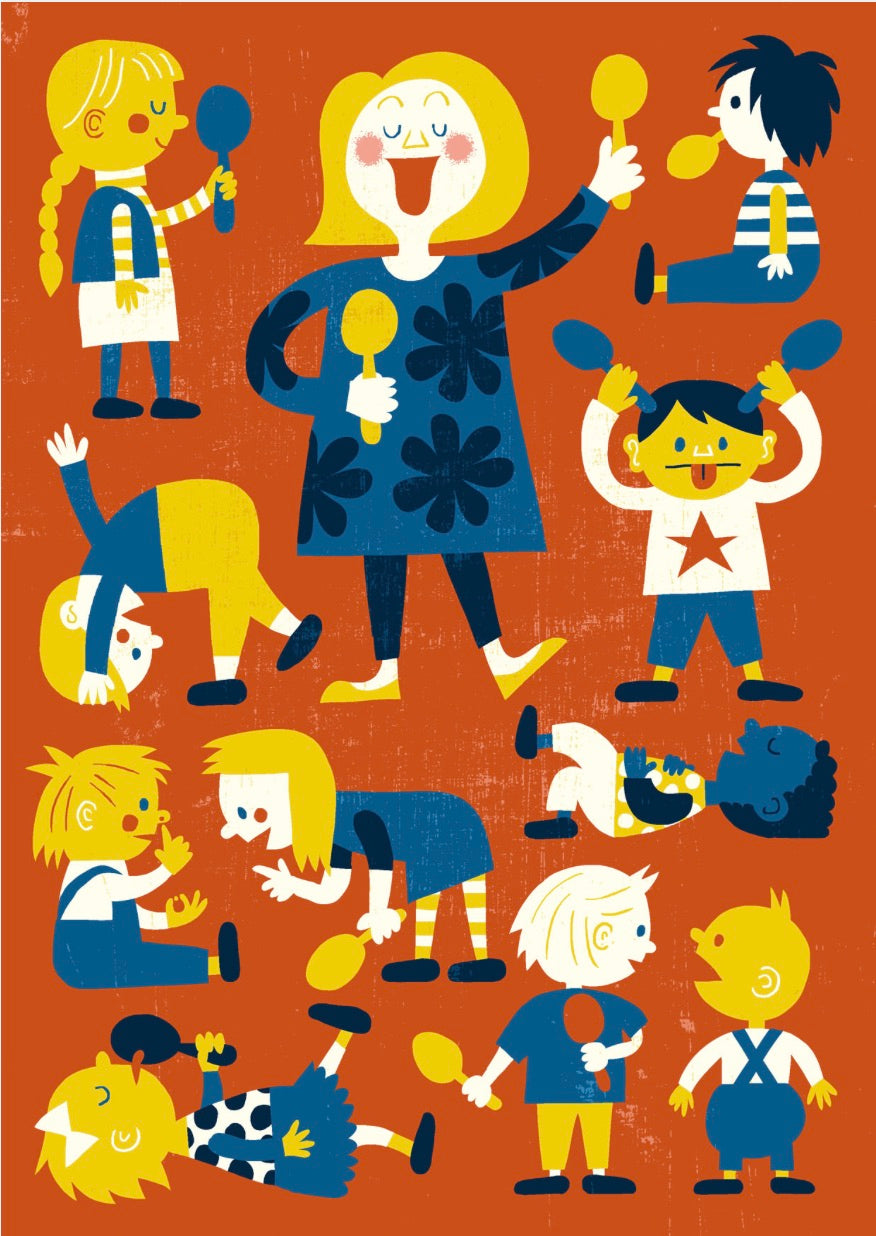 Illustration of music teacher with many students acting silly all wearying blue yellow and white on a red background.