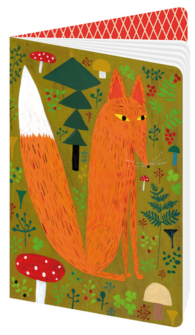 Notebook with illustration of a red fox sitting on a woodland background with colorful mushrooms, trees. leaves and berries.