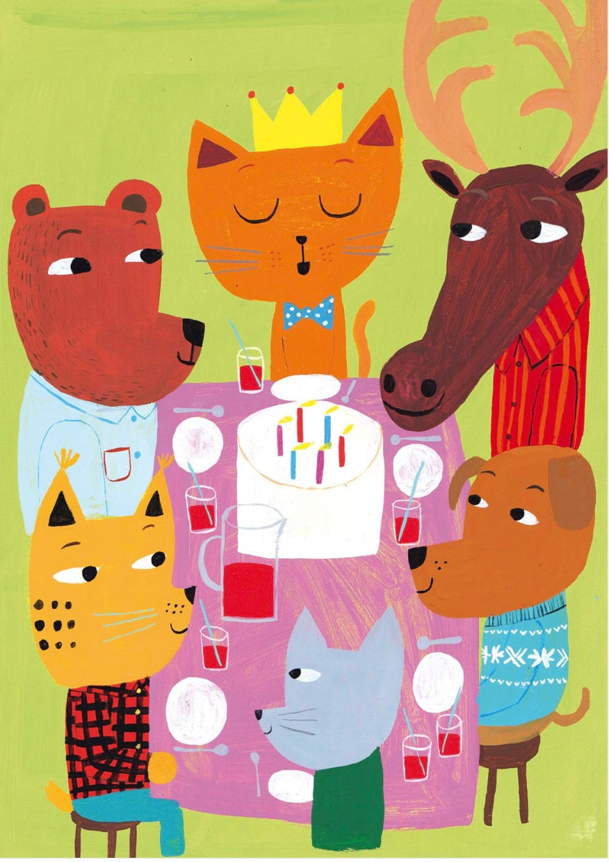 Illustration of 6 different animals sitting around a party table with a white birthday cake in the center and glasses with red juice. All of the animals wear colorful clothes and background is a bright pistachio green.