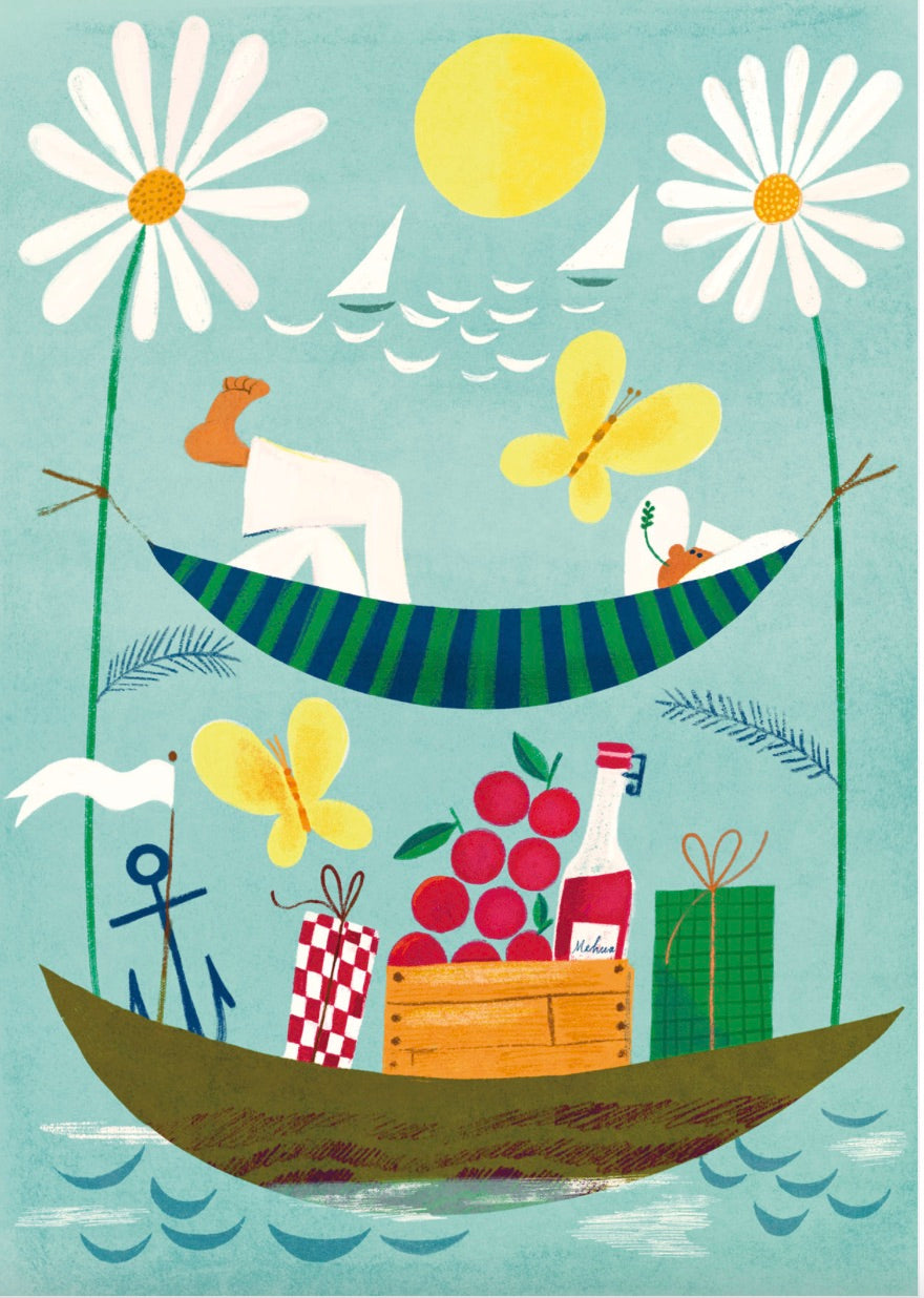 Illustration of a boat filled with food and presents. There is hammock hanging above the boat with a person wearing white relaxing. All on light blue background with yellow butterflies, daisies and white sailboats in background.