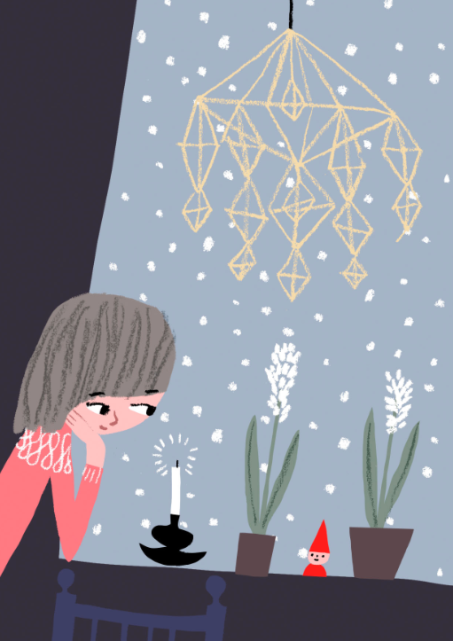 Finnish christmas scene with girl in a pink sweater looking at a candle, little elf and 2 white potted hyacinth flowers on a table with a himmeli hanging above and a snowy blue window in the background.