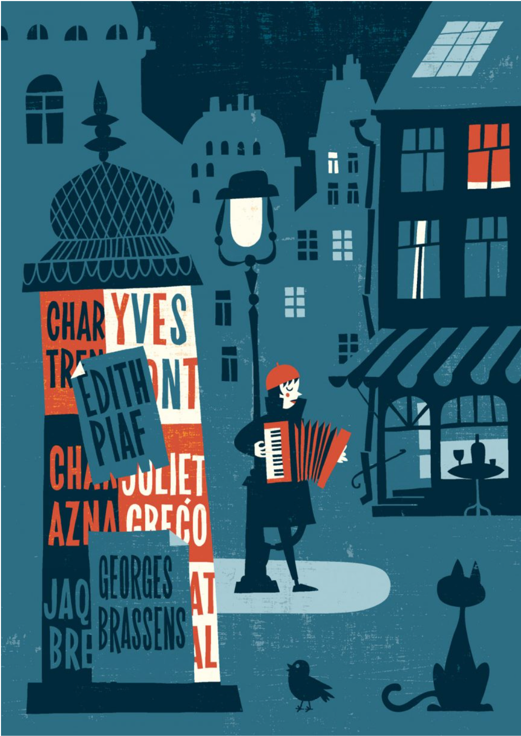 Illustration of a lone accordion player against a lamppost on a city corner in three shades of blue with red accents.