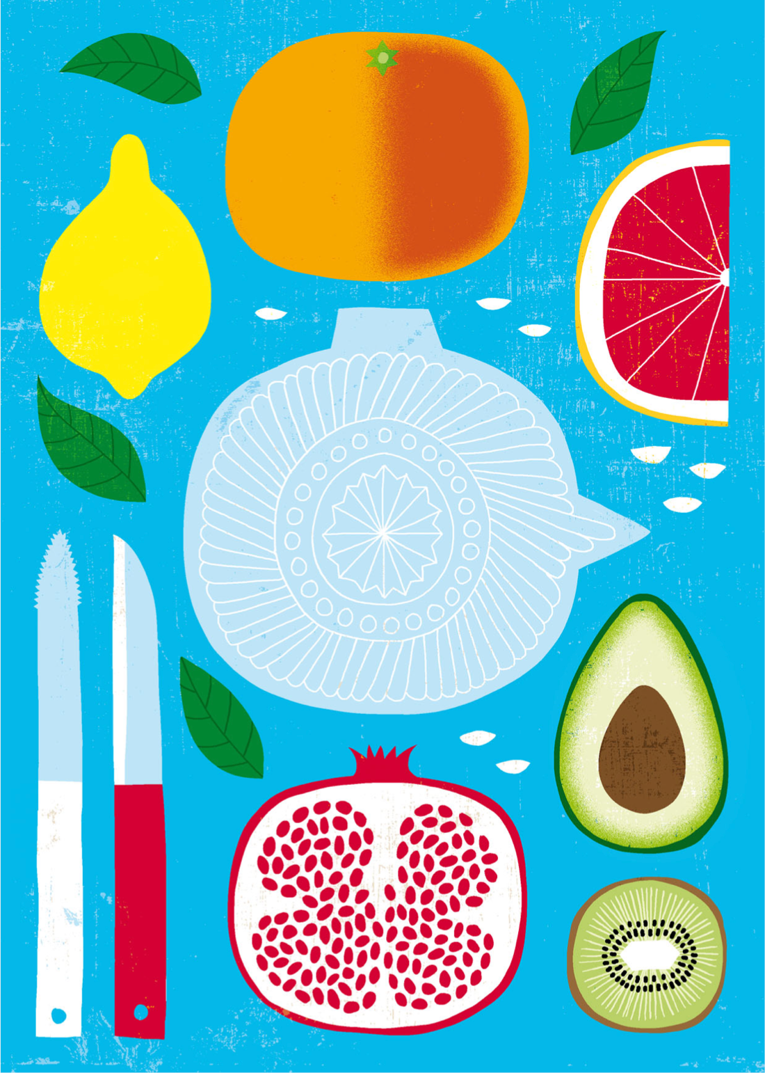 Sky blue background with bright illustrations of citrus, pomegranate, avocado and knives.