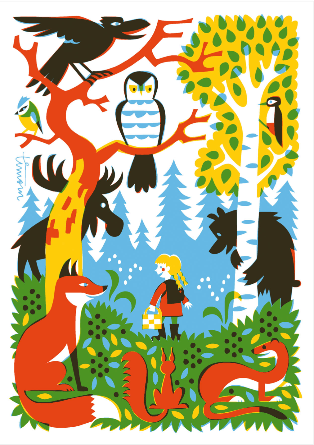 Colorful illustrated forest animals, child and trees on white background