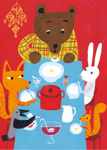 Illustrated forest animals sitting around a blue table eating Christmas porridge on a red background.
