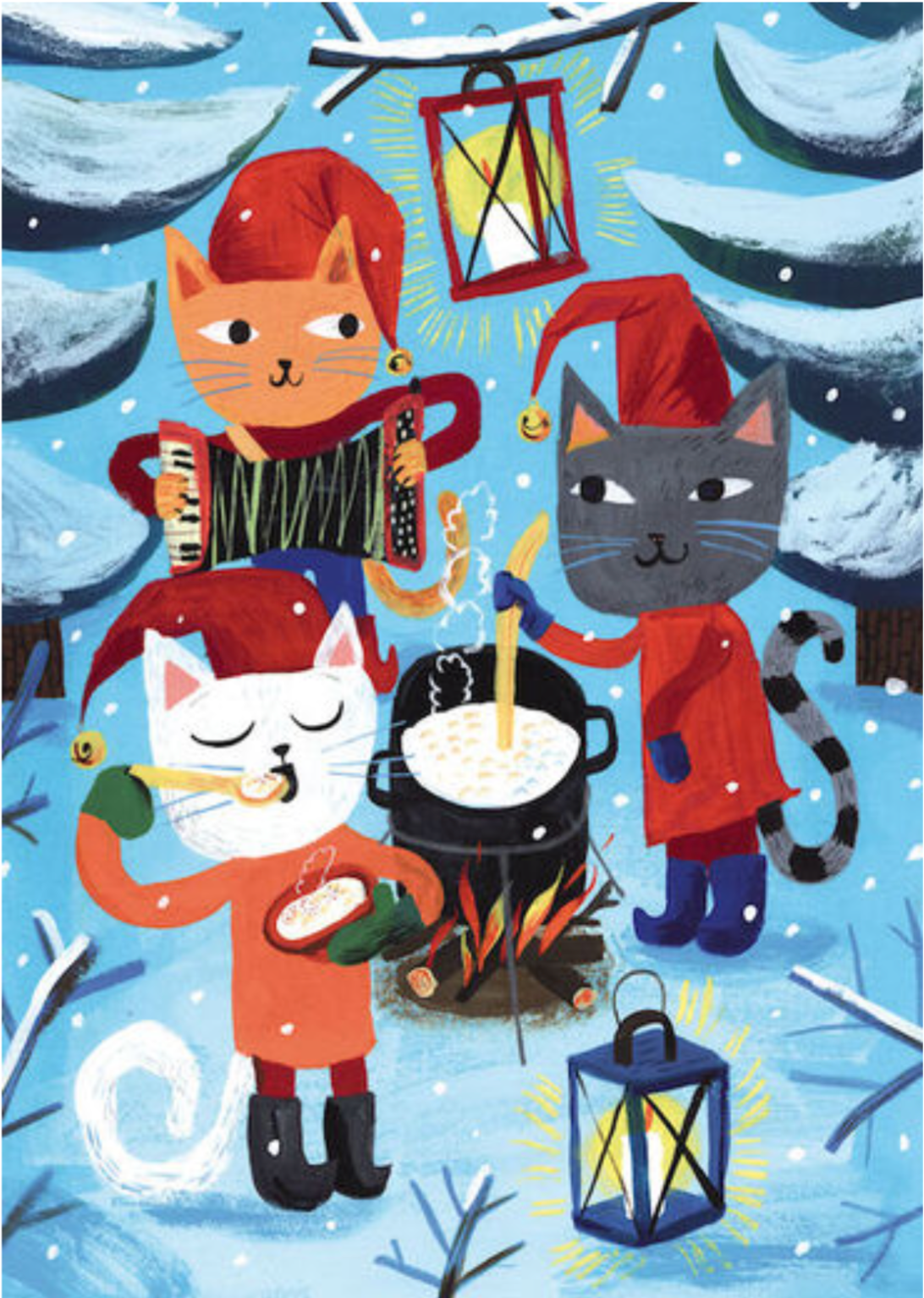 Three illustrated cats surrounding a cauldron of porridge outside in the winter with lanterns and an accordion.