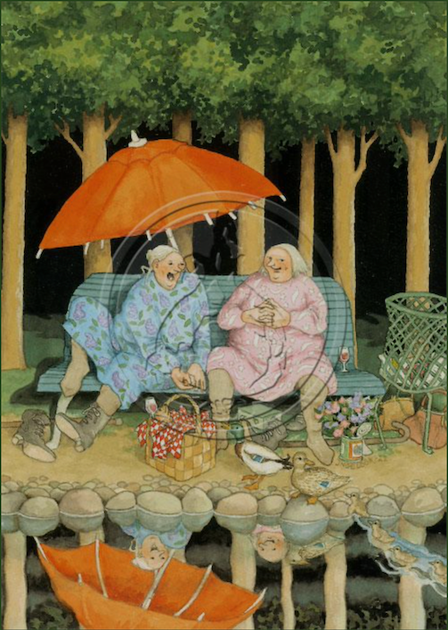 Illustration of two old ladies sitting under a red umbrella on a park bench with deciduos trees in the background, a picnic basket at their feet along with ducks. They are sitting in front of a pond which shows part of their reflection. Black in the background. 
