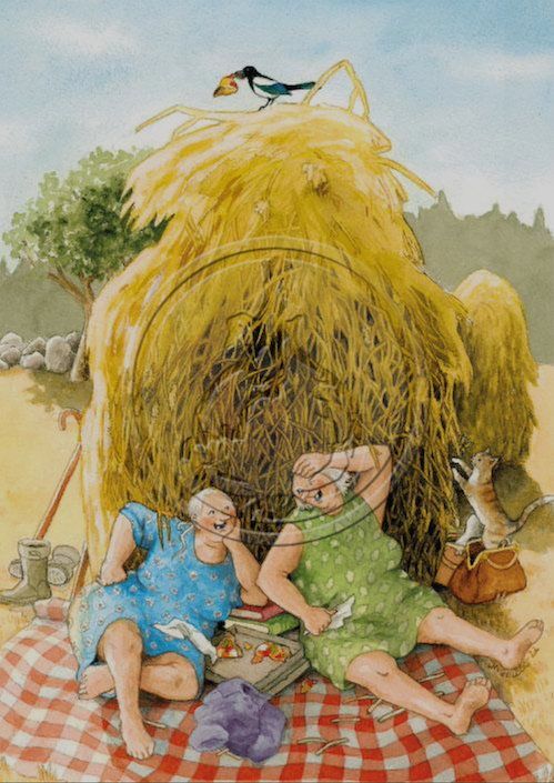 Illustration of two funny old ladies, one in a green dress and the other in a  blue dress, sitting on a red checked blanket on the ground in front of a large hay pile with a partially empty pizza box sitting between them.