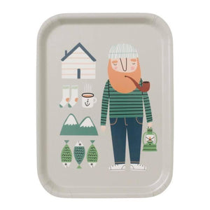 Illustration of a fisherman wearing blue jeans and a green and black long sleeve shirt and white beanie hat. He has blonde hair, a pipe, is holding a lantern and standing next to a white cabin, fish and mountains and other small illustrations all on a light gray solid background.