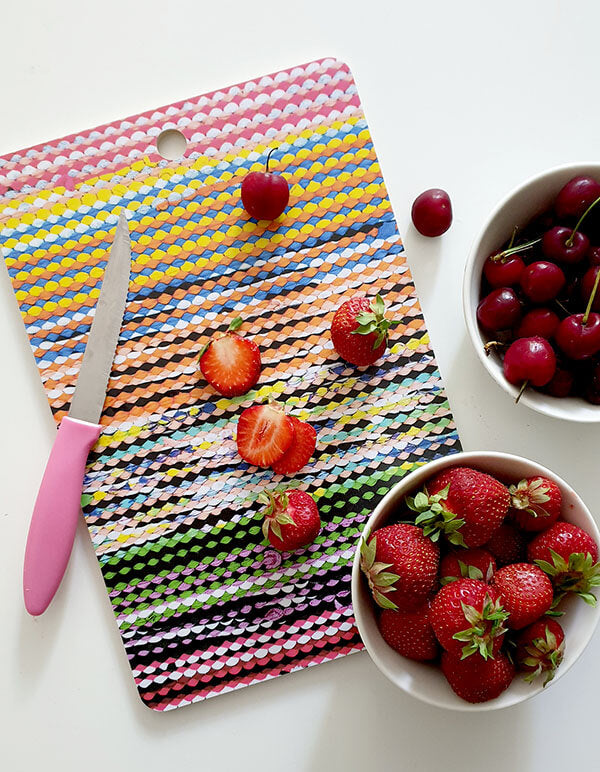 Colorful Rag Rug Cutting Board by Mieli Design